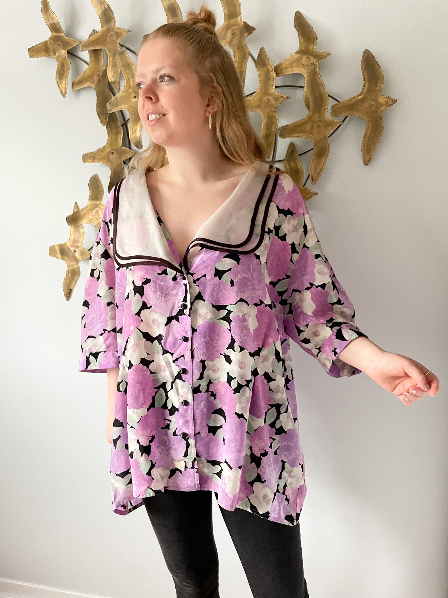 TT DUE T Vintage 100% Silk Lilac Floral Patterned Button Up Mid Sleeve Shirt NWT - Size 3XL