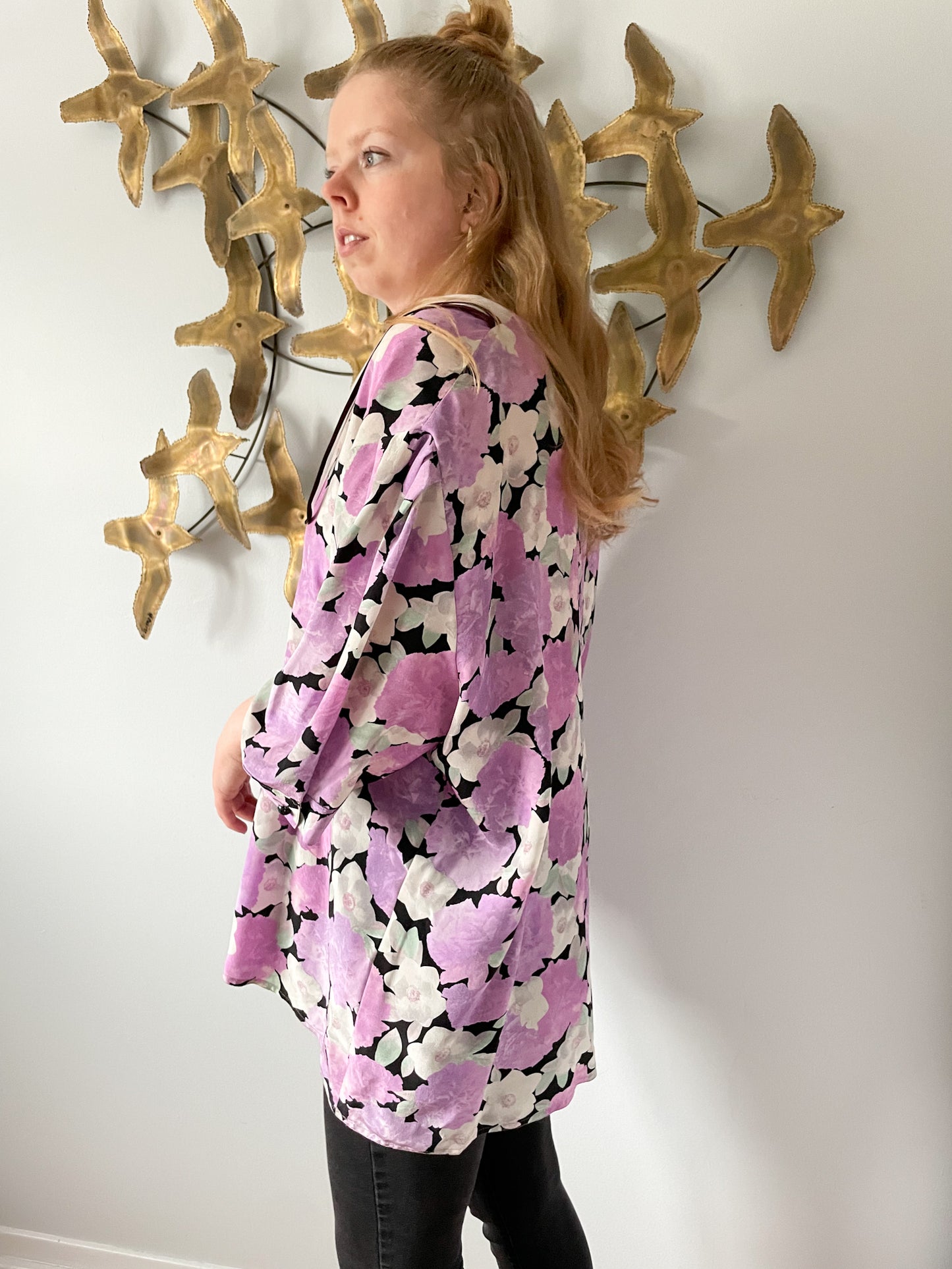 TT DUE T Vintage 100% Silk Lilac Floral Patterned Button Up Mid Sleeve Shirt NWT - Size 3XL