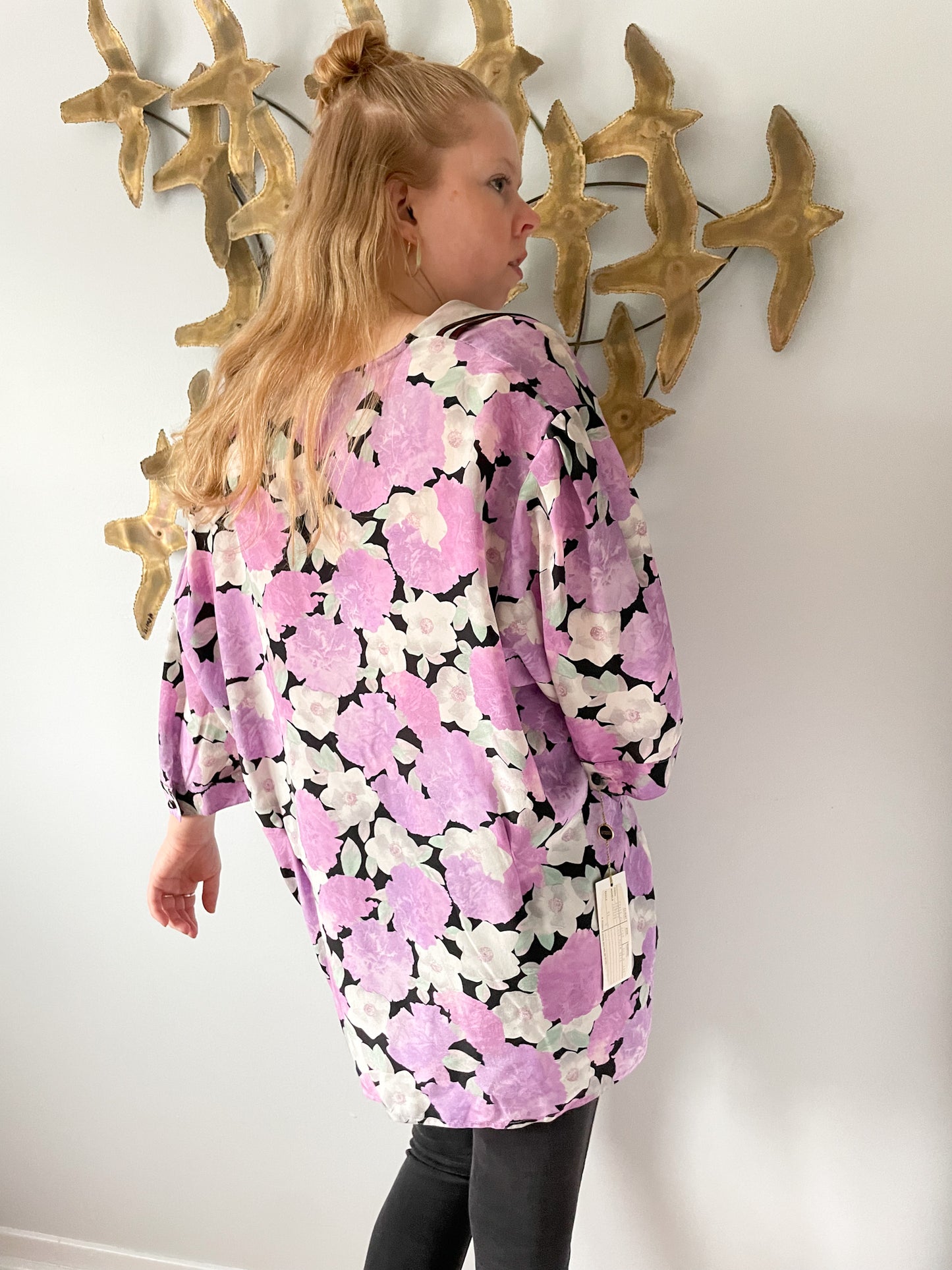 TT DUE T Vintage 100% Silk Lilac Floral Patterned Button Up Mid Sleeve Shirt NWT - Size 3XL