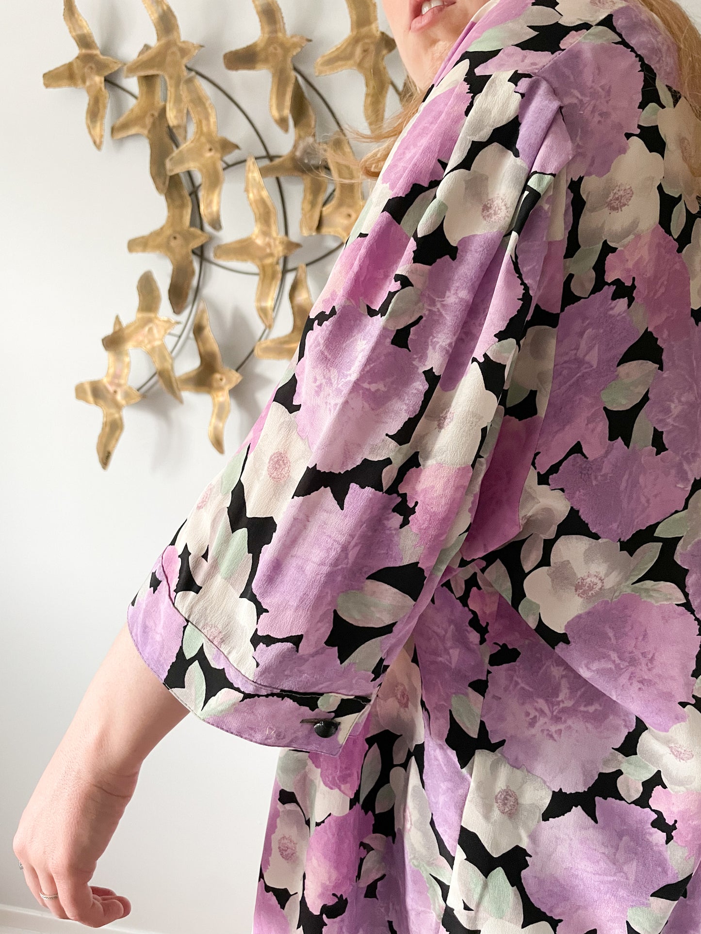 TT DUE T Vintage 100% Silk Lilac Floral Patterned Button Up Mid Sleeve Shirt NWT - Size 3XL