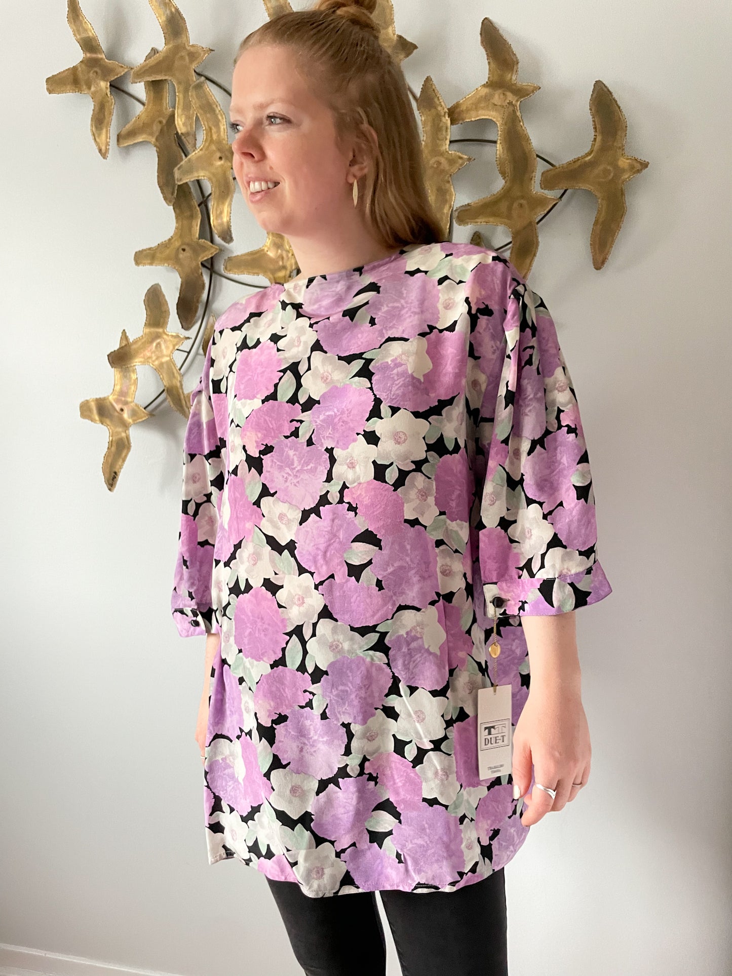 TT DUE T Vintage 100% Silk Lilac Floral Patterned Button Up Mid Sleeve Shirt NWT - Size 3XL