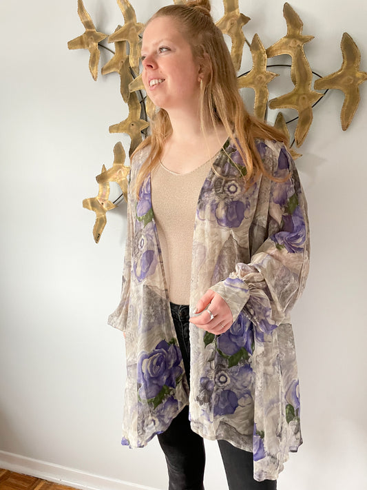 Chére Marie Vintage 100% Silk Purple Floral Balloon Sleeve Duster Shawl - XL/XXL