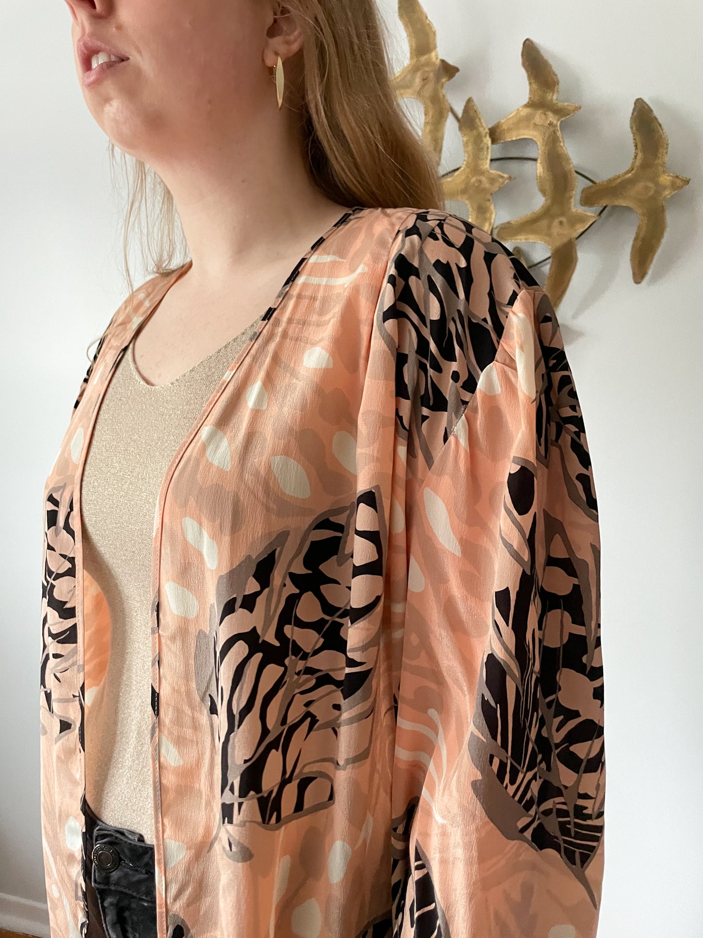 Sergio Ferrazi Vintage Silk Blend Peach Palm Print Open Shawl - L/XL
