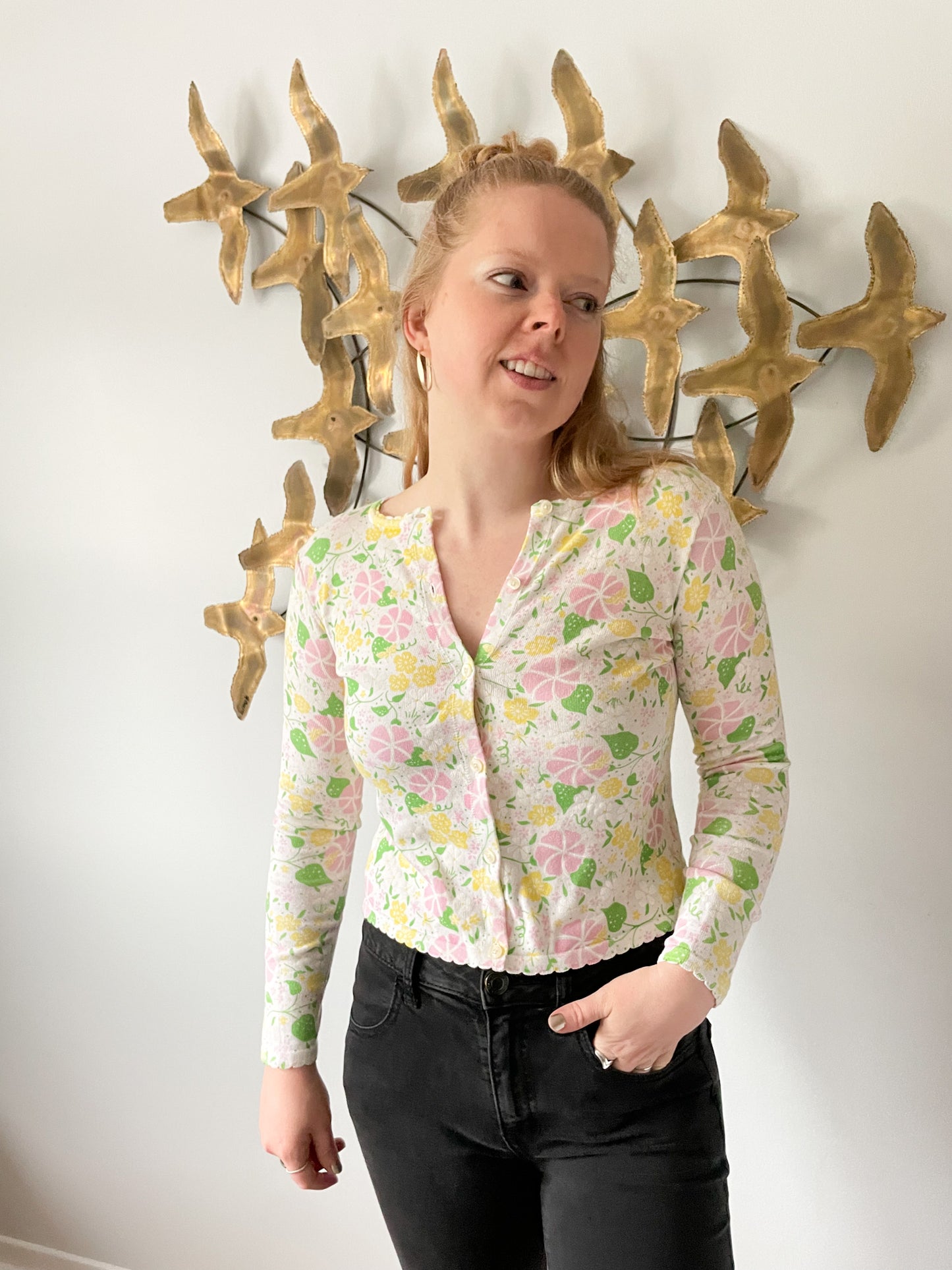 Lily Pulitzer Yellow Pink Floral Scalloped Cotton Cropped Button Up Cardigan - XS/S