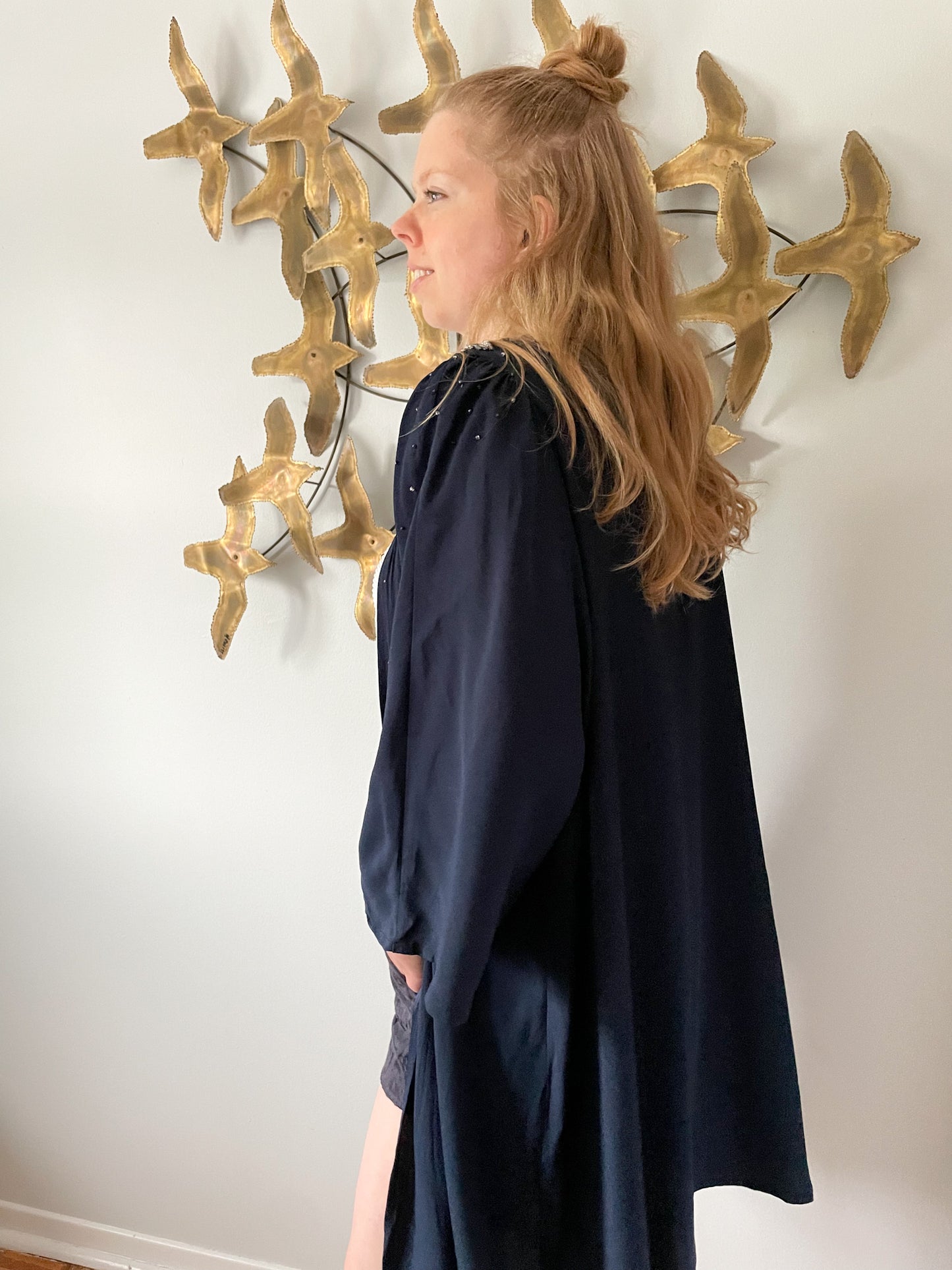 Chére Marie Navy Silk Blend Floral Beaded Duster - L/XL