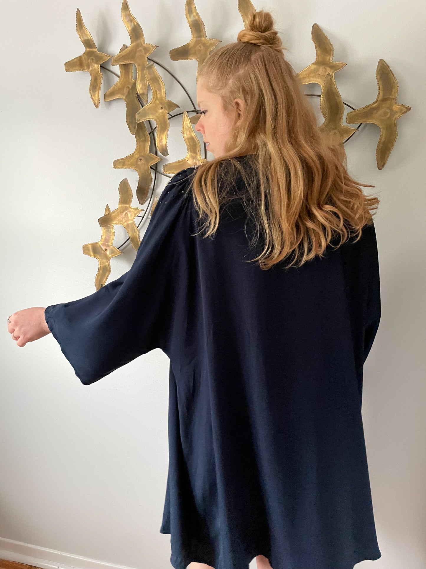 Chére Marie Navy Silk Blend Floral Beaded Duster - L/XL