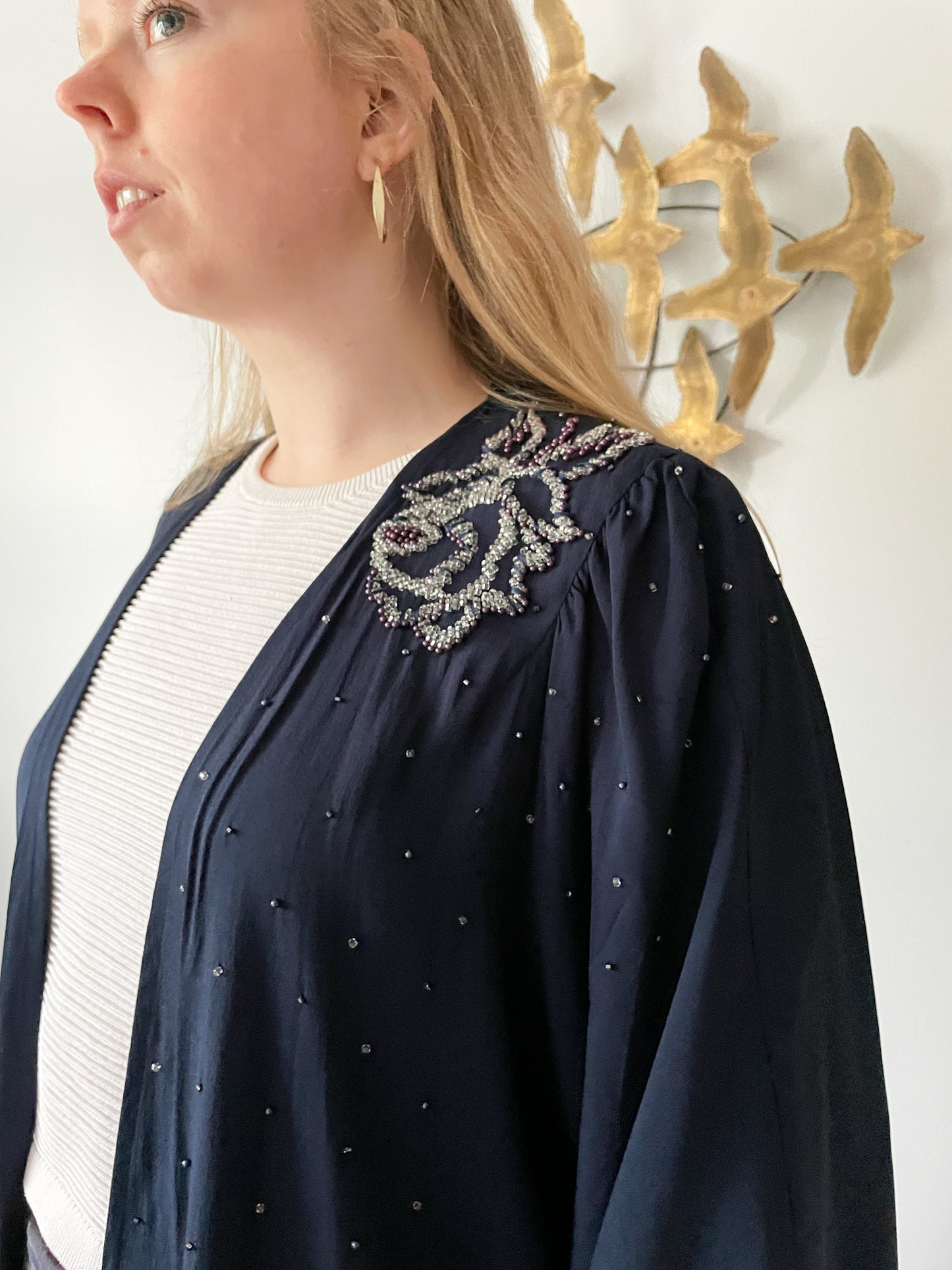 Chére Marie Navy Silk Blend Floral Beaded Duster - L/XL