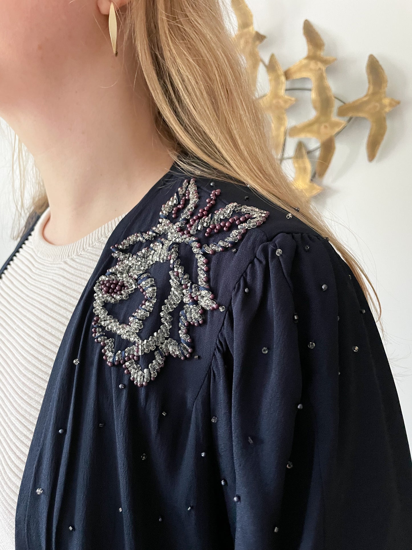 Chére Marie Navy Silk Blend Floral Beaded Duster - L/XL