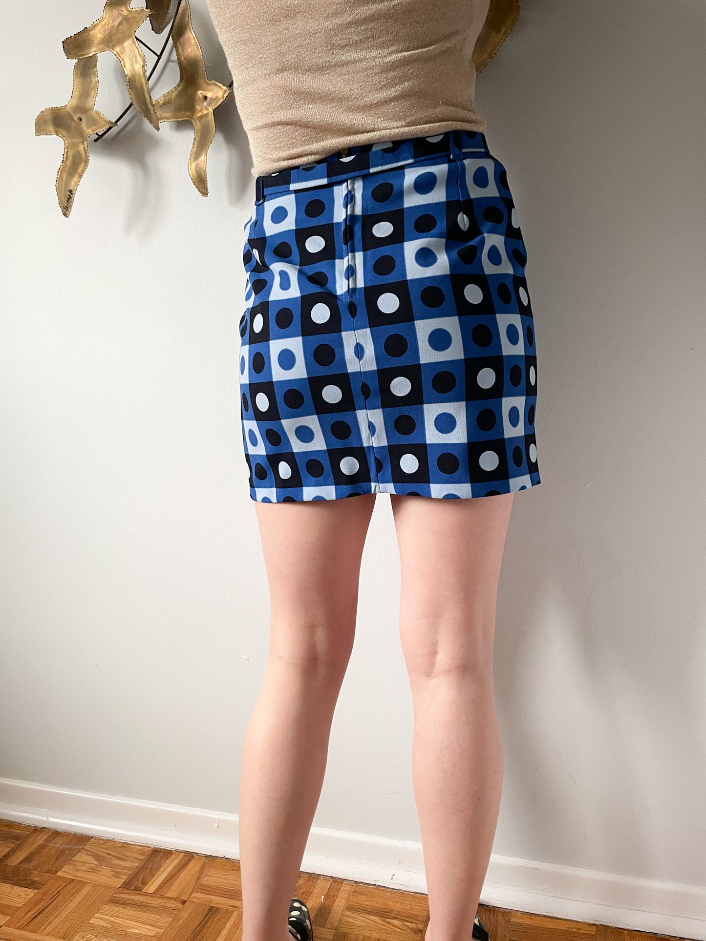 Retro Blue Square Dot Mini Skirt with Belt - Small