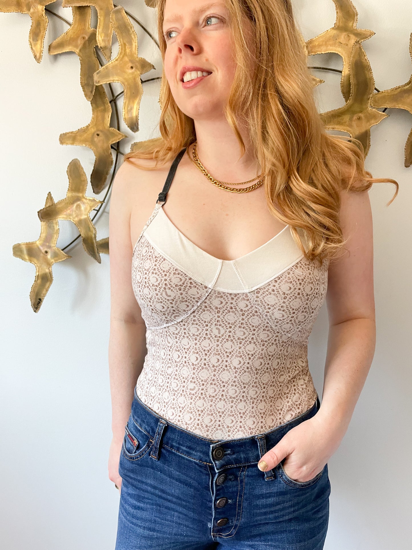 Lole Brown Beige Printed Criss Cross Lyocell Cotton Top with Built in Sports Bra - Small