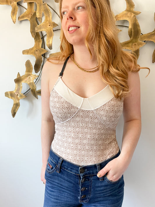 Lole Brown Beige Printed Criss Cross Lyocell Cotton Top with Built in Sports Bra - Small