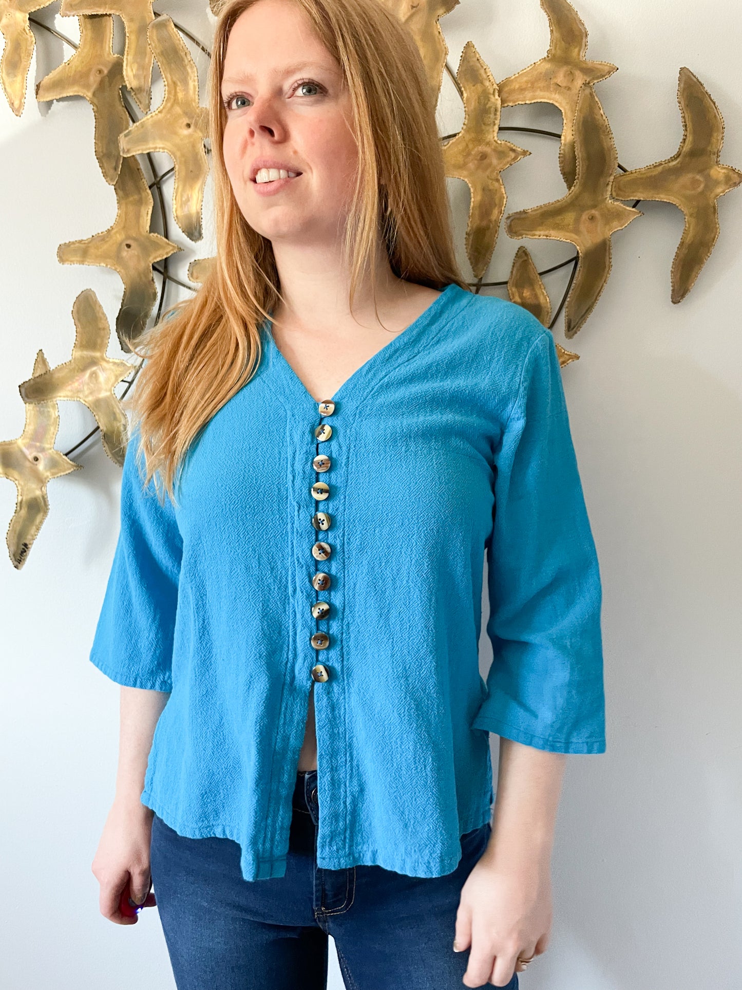 Miss Aly Bright Blue Cotton 3/4 Sleeve Button Up Top - S/M