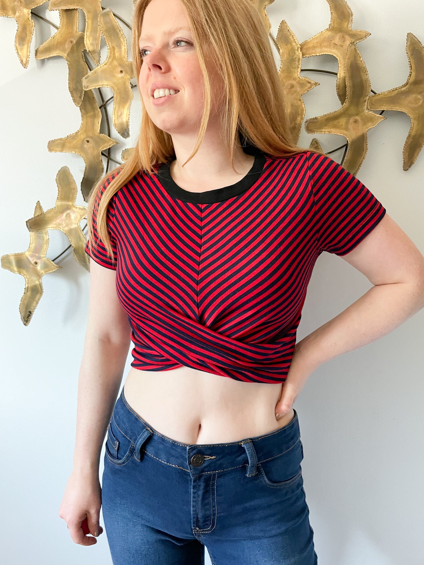 Red Navy Stripe Knot Cropped Ringer T-Shirt - S/M