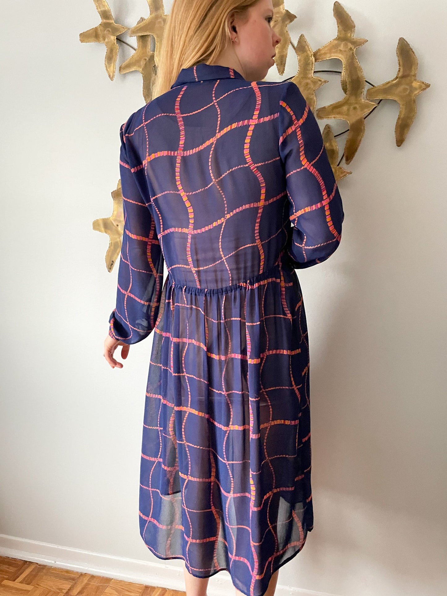 Benee by Lori Ann Navy Pink Orange Square Print Sheer Dress - Medium