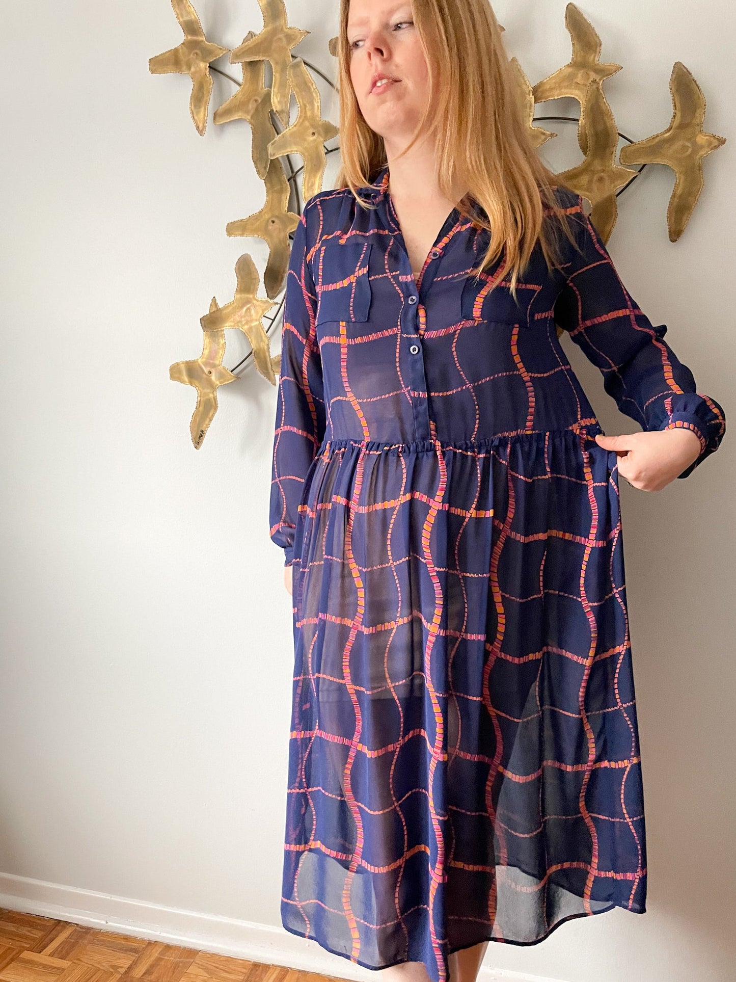Benee by Lori Ann Navy Pink Orange Square Print Sheer Dress - Medium