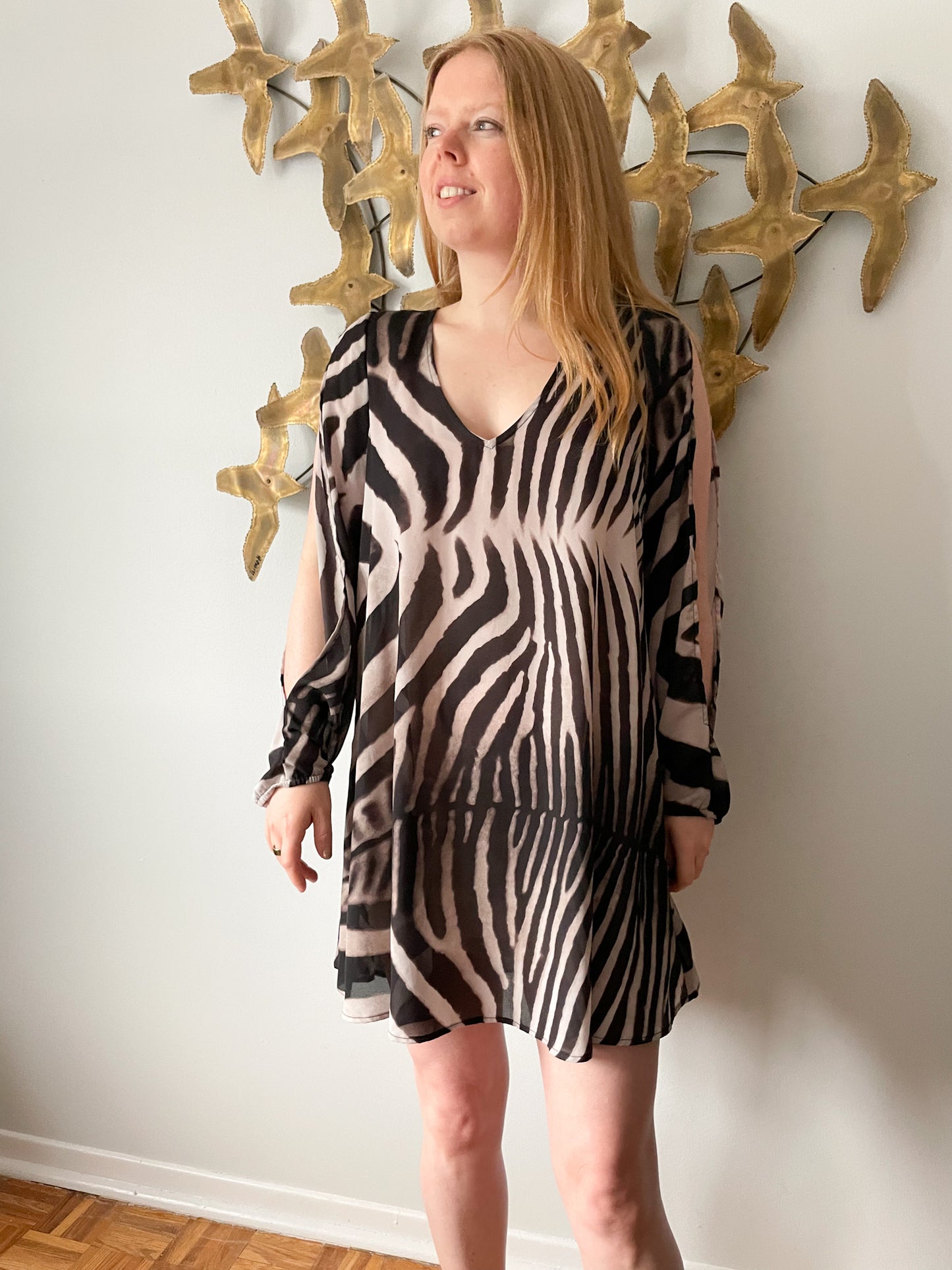 Pink Violet Semi Sheer Zebra Print Arm Cutout Long Sleeve Dress - Large