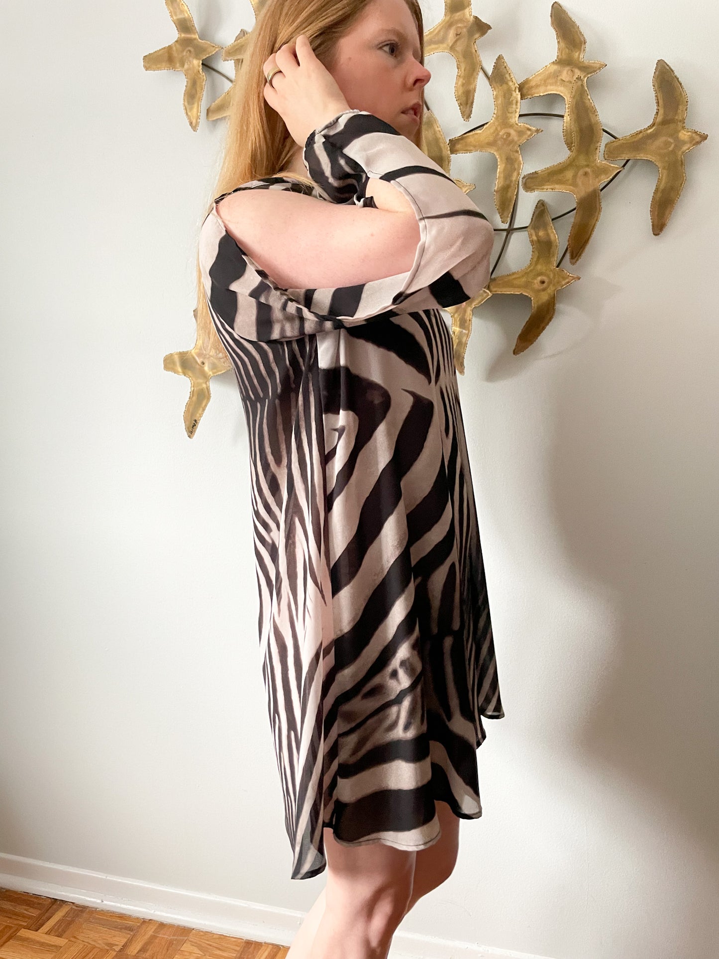 Pink Violet Semi Sheer Zebra Print Arm Cutout Long Sleeve Dress - Large