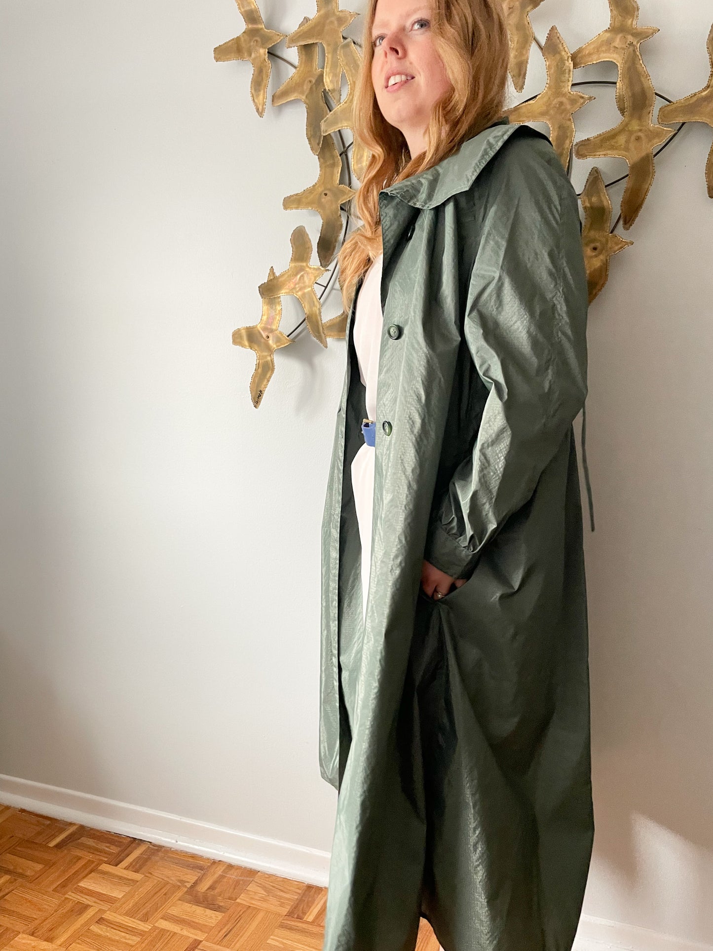 Vintage Hooded Green Buttoned Long Water Repellent Rain Jacket - S/M/L/XL/XXL