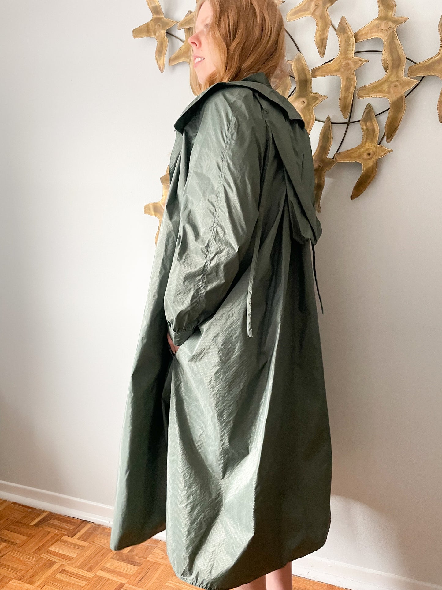 Vintage Hooded Green Buttoned Long Water Repellent Rain Jacket - S/M/L/XL/XXL