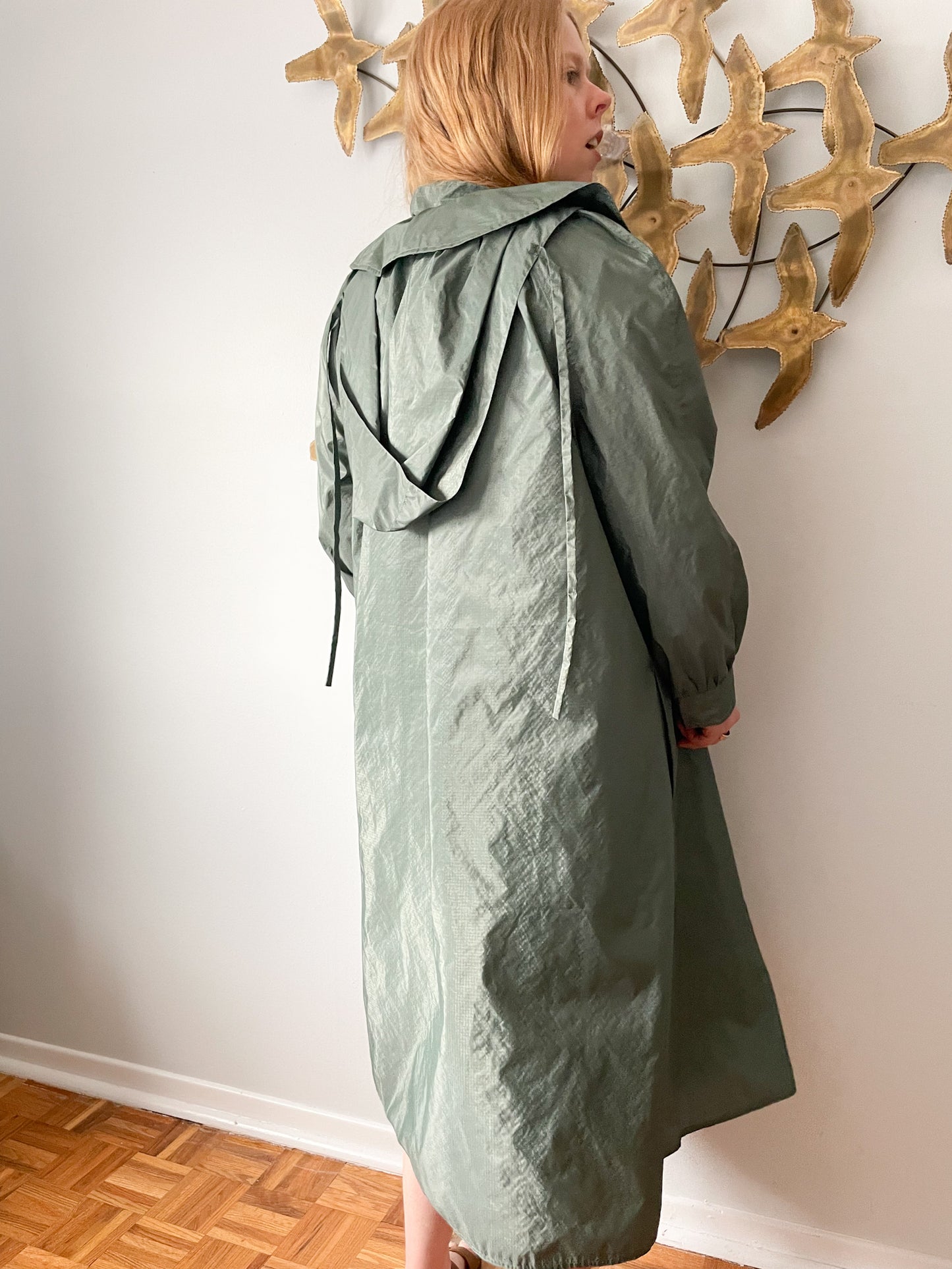 Vintage Hooded Green Buttoned Long Water Repellent Rain Jacket - 4XL