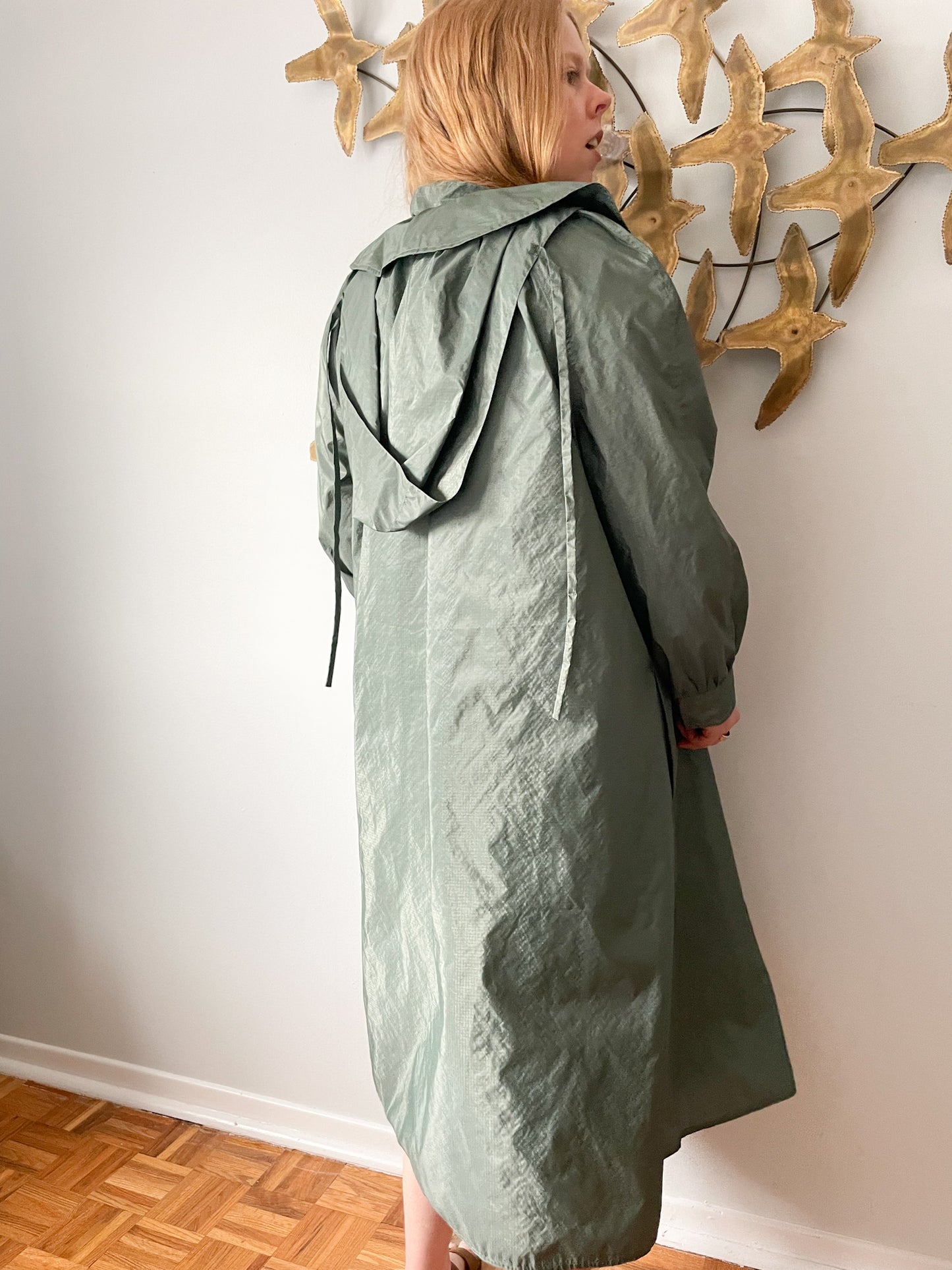 Vintage Hooded Green Buttoned Long Water Repellent Rain Jacket - S/M/L/XL/XXL