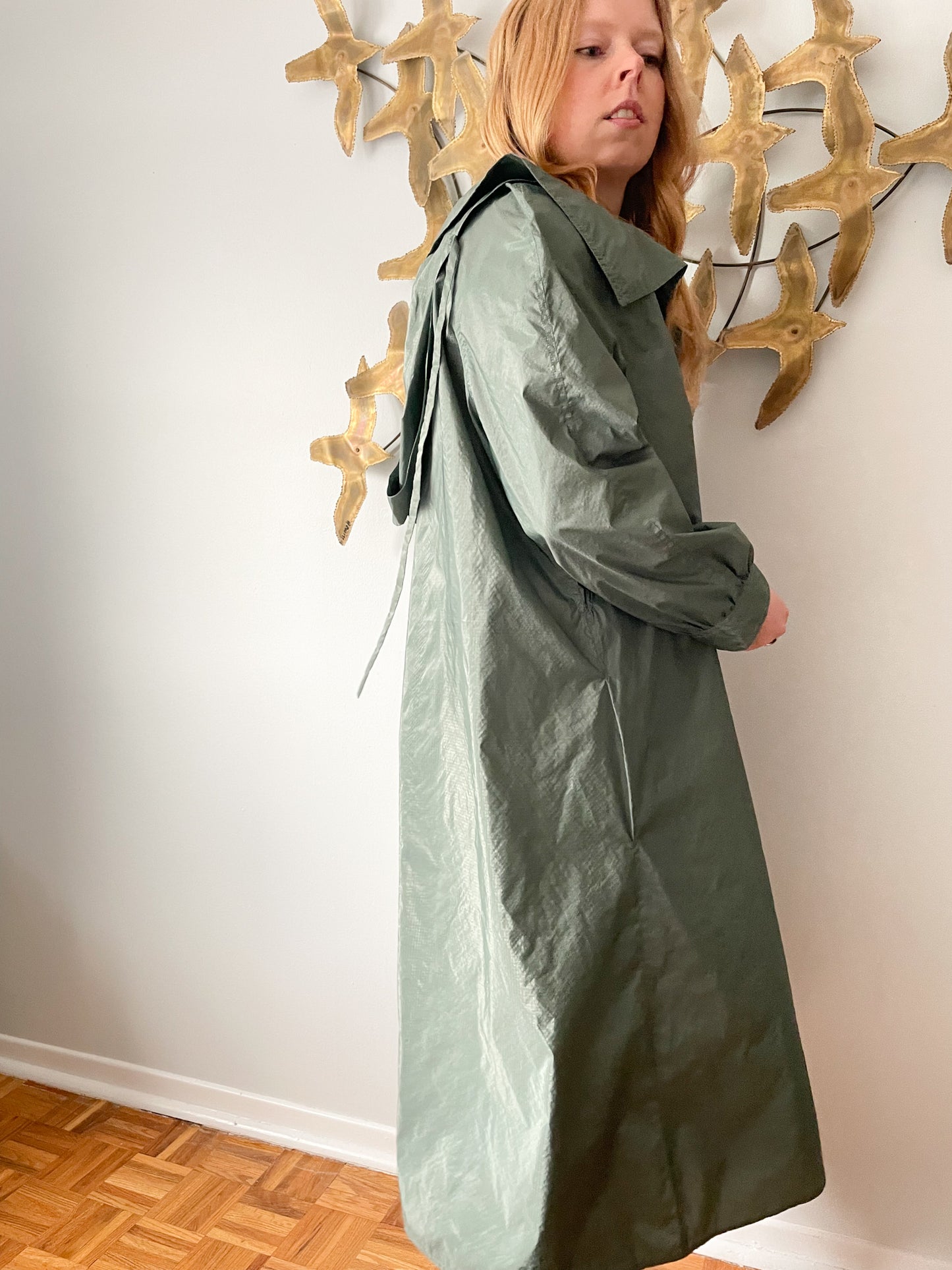Vintage Hooded Green Buttoned Long Water Repellent Rain Jacket - S/M/L/XL/XXL