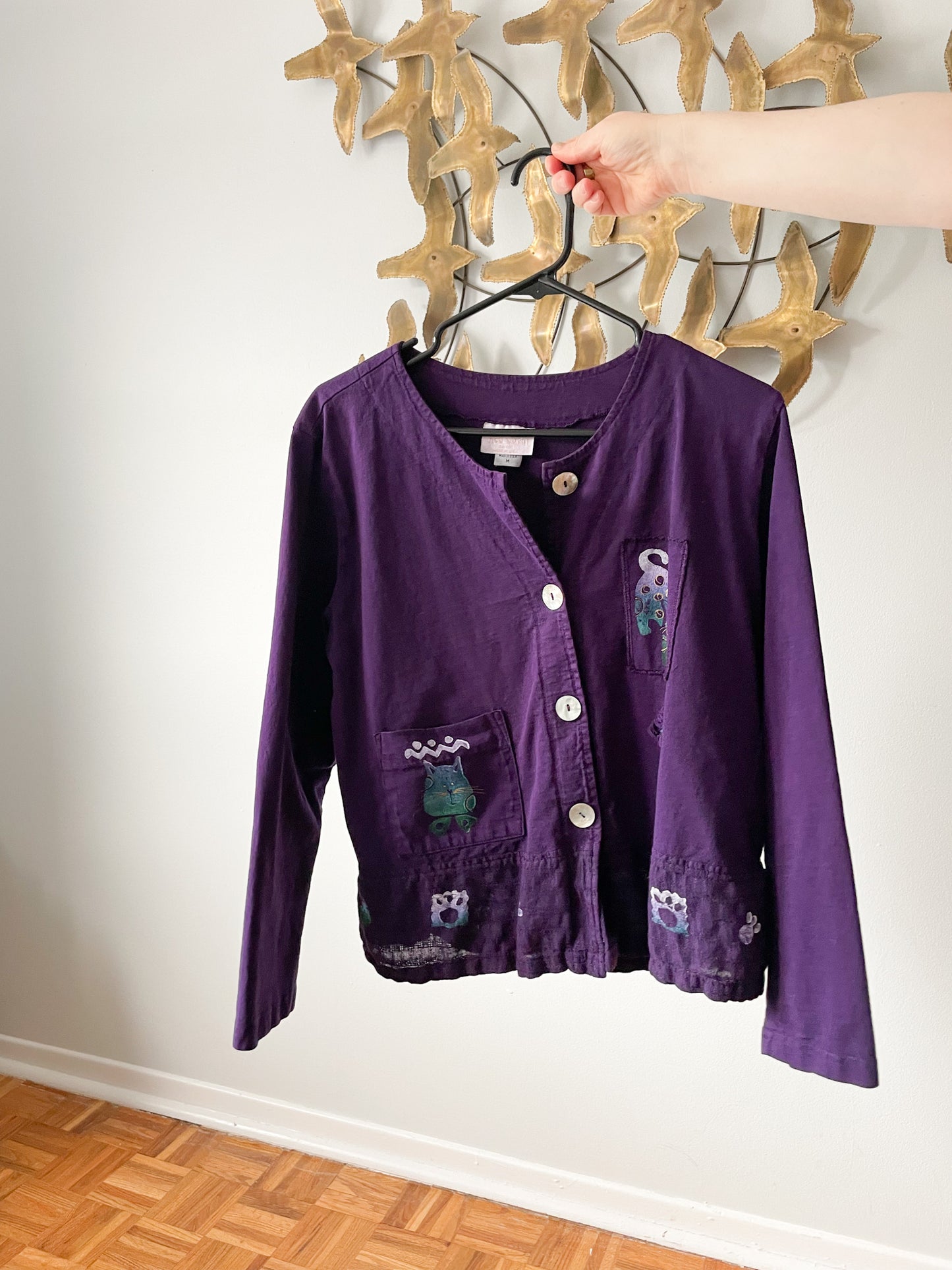 Red Coral Dark Purple Cat Printed Patched Style Cotton Jacket - M/L