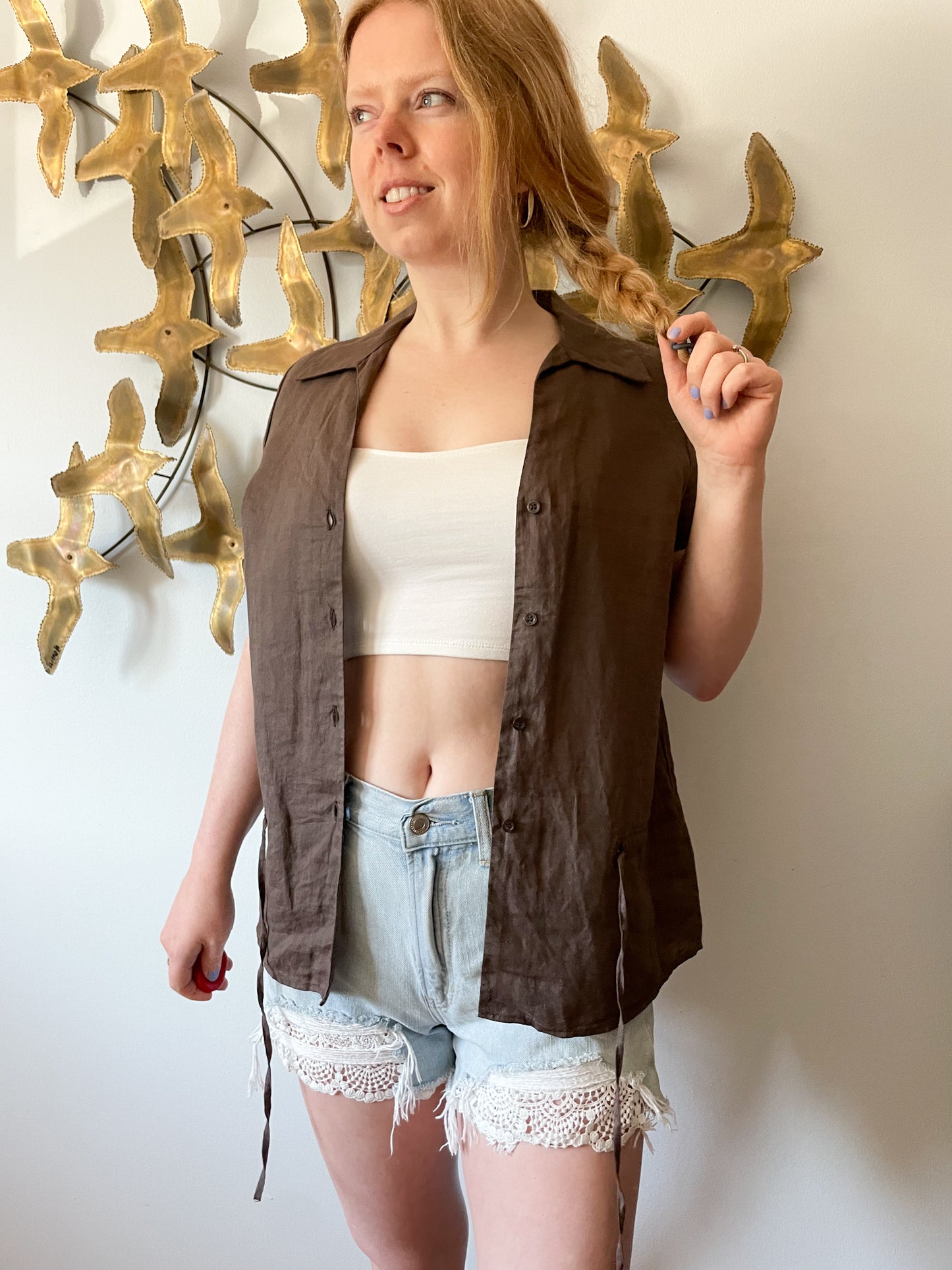 Sisley Brown Ramie Blouse Top with Waist Tie - Small