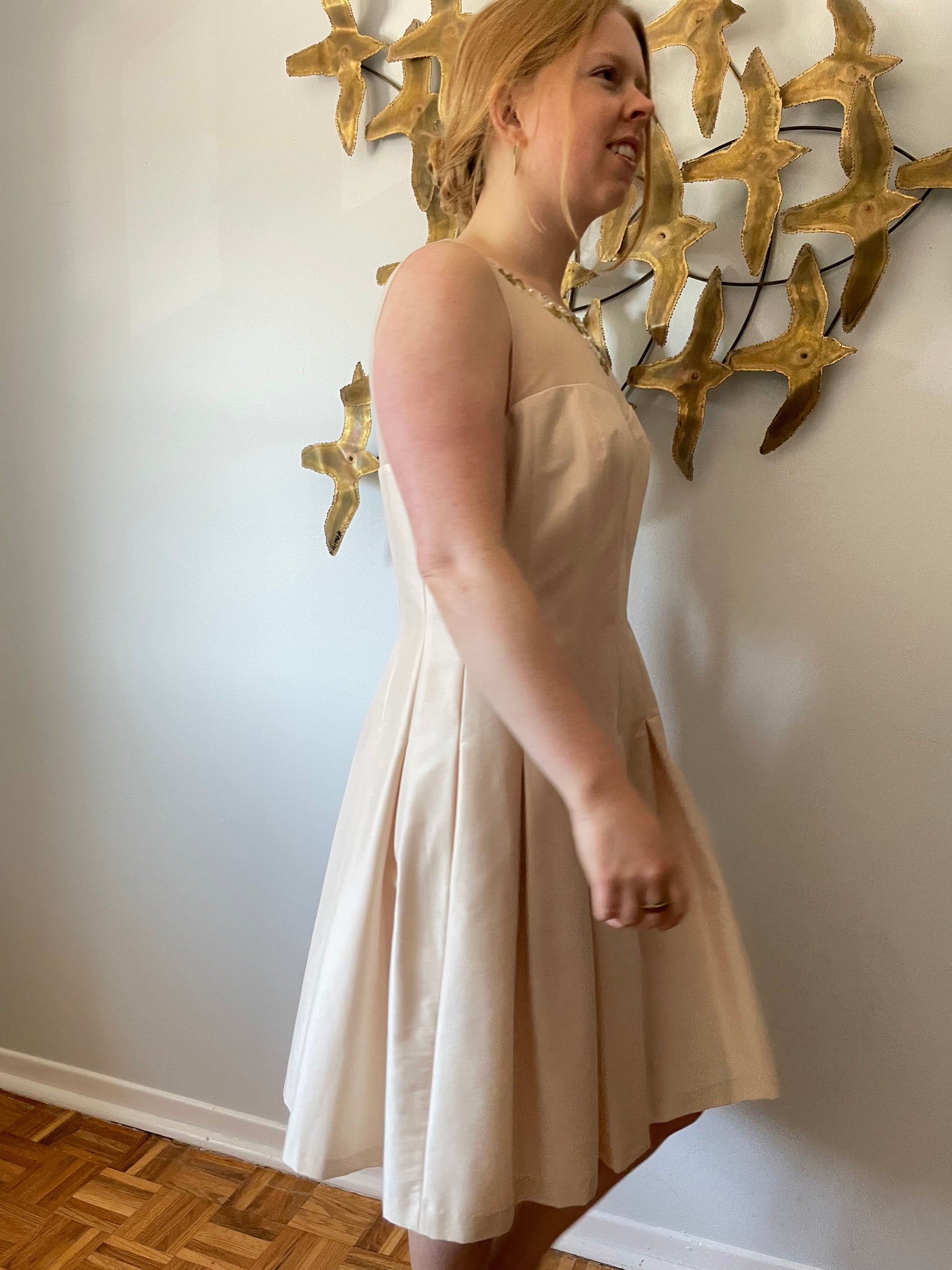 Jones New York Oyster Cream Fit Flare Pleated Dress - Size 12 Le Prix Fashion & Consulting Jones New York Oyster Cream Fit Flare Pleated Dress - Size 12 Le Prix Fashion & Consulting