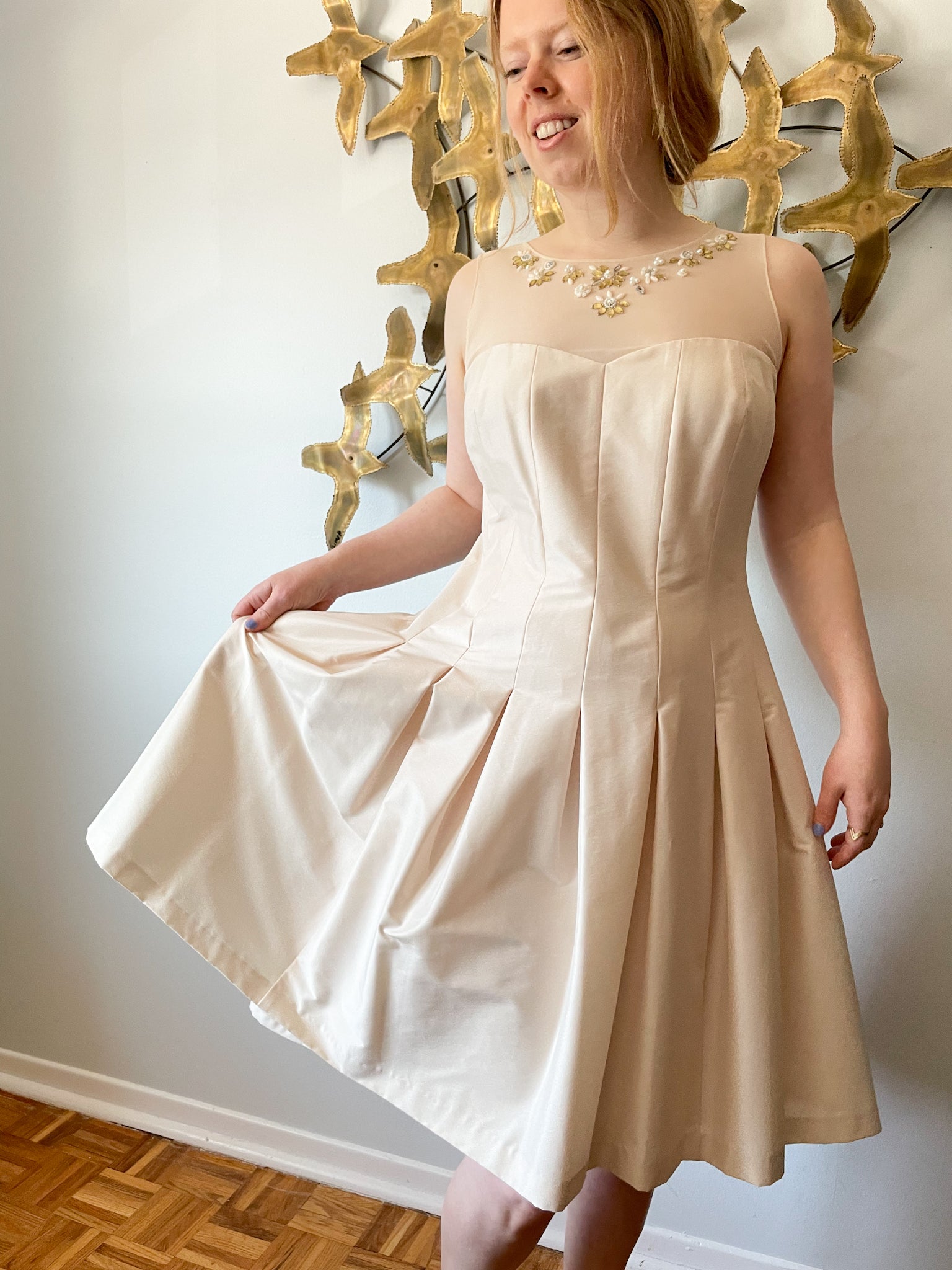 Jones New York Oyster Cream Fit Flare Pleated Dress - Size 12 Le Prix Fashion & Consulting Jones New York Oyster Cream Fit Flare Pleated Dress - Size 12 Le Prix Fashion & Consulting