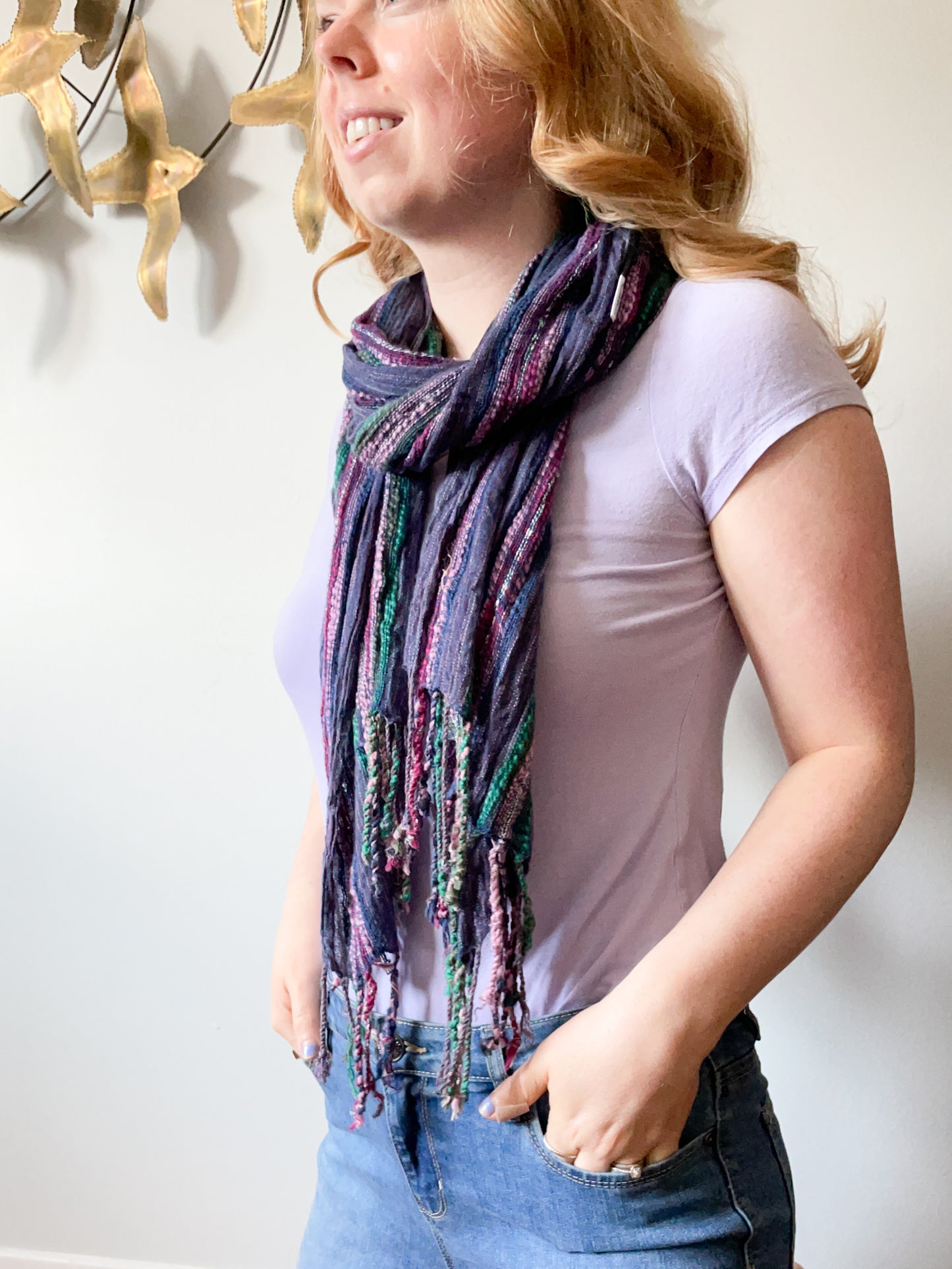 Purple Jewel Tone Stripe Fringe Scarf Shawl