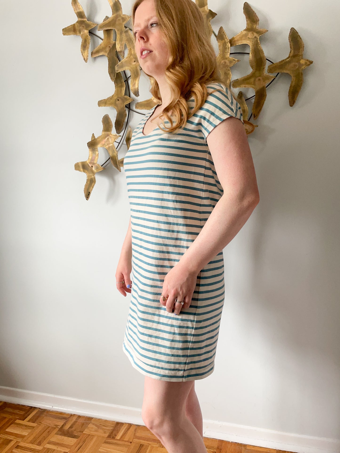Tory Burch Light Blue Stripe V-Neck Cotton Shift Dress - Small