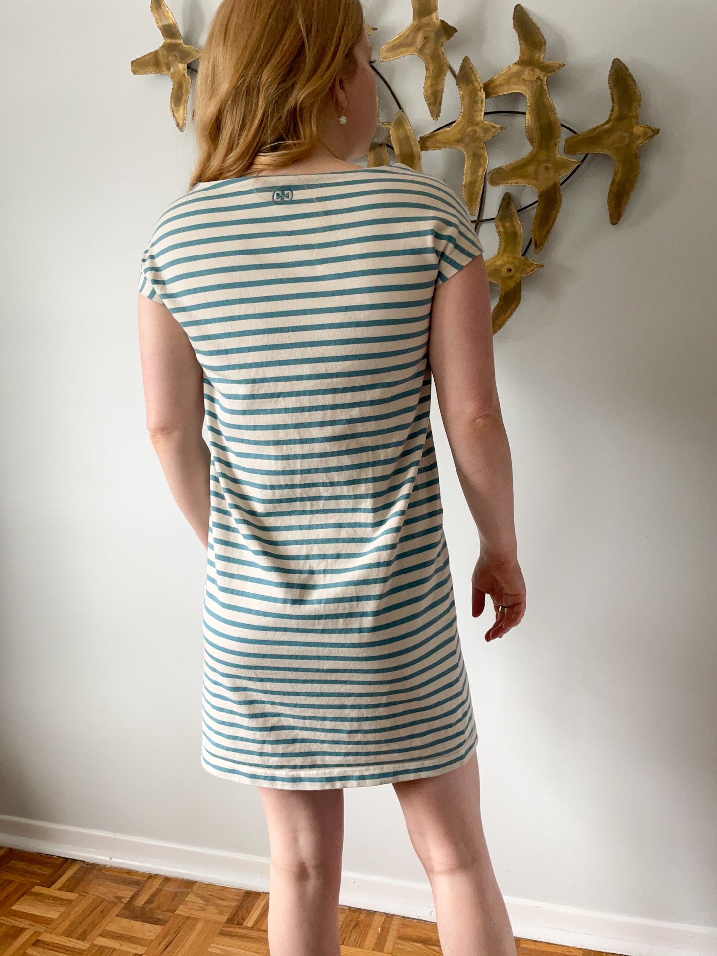 Tory Burch Light Blue Stripe V-Neck Cotton Shift Dress - Small