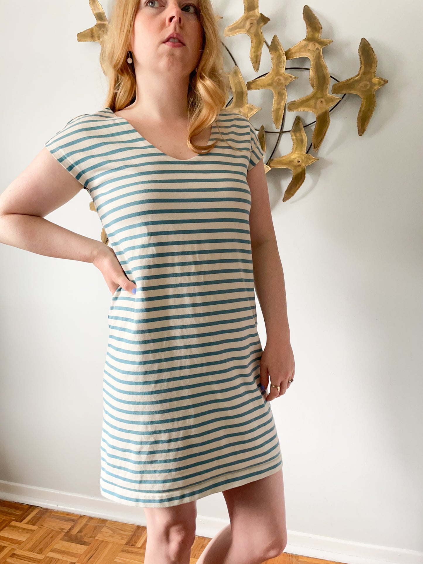Tory Burch Light Blue Stripe V-Neck Cotton Shift Dress - Small
