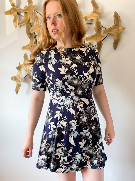 M&S Blue Floral Half Sleeve Fit Flare Dress - Size 8 Short