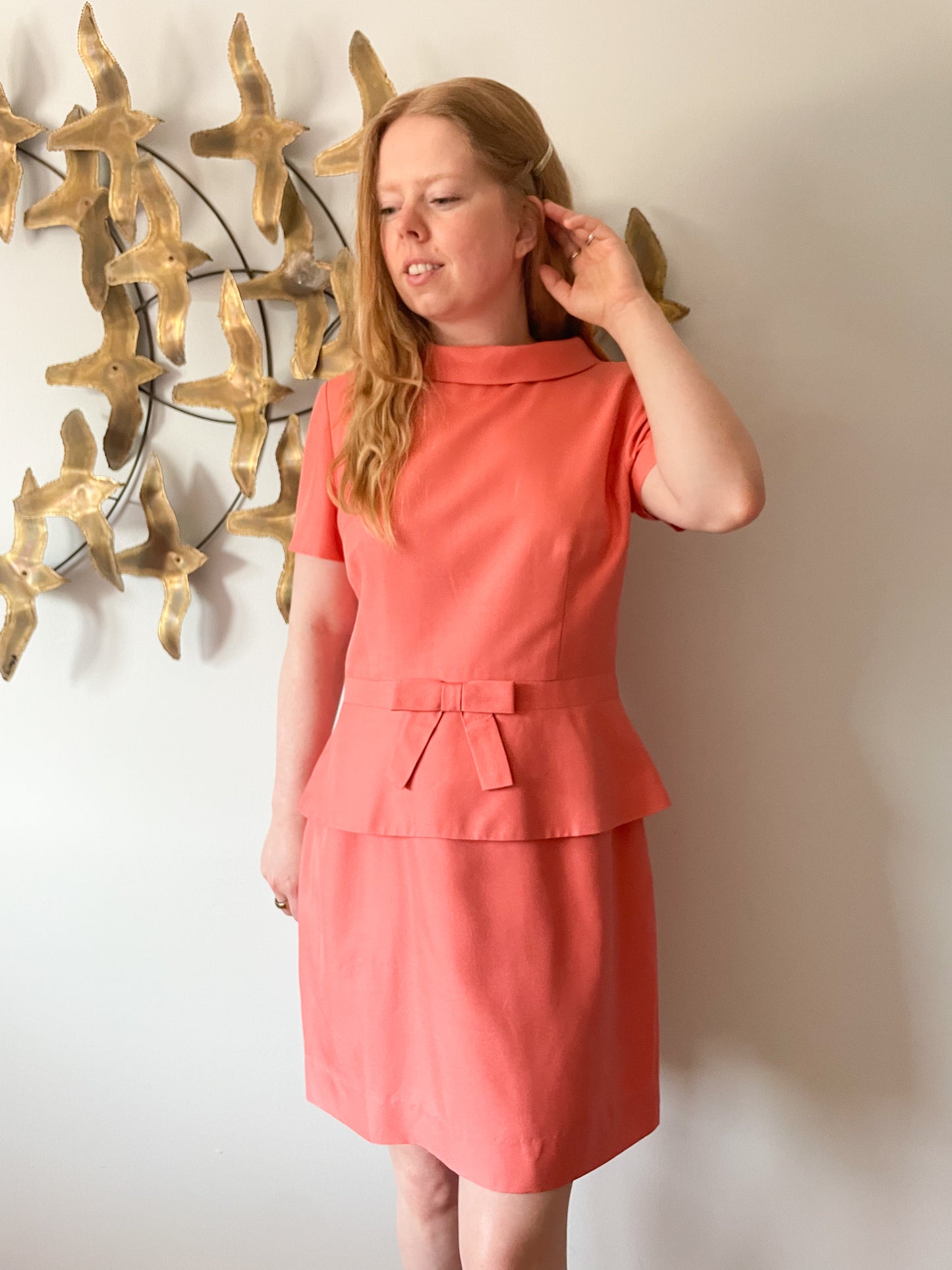Talbots Coral 100% Silk Jackie O Collar Bow Sheath Dress - Size 10