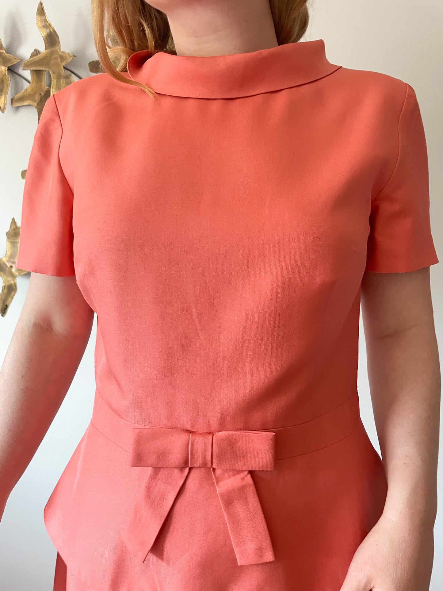 Talbots Coral 100% Silk Jackie O Collar Bow Sheath Dress - Size 10