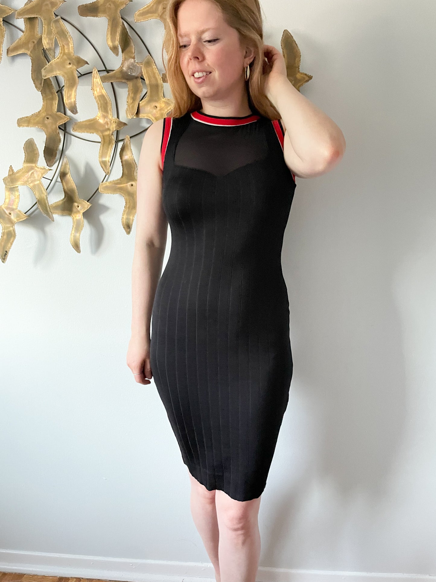 Zara Special-T W&B Collection Red Black Bodycon Mesh Neck Dress - Small