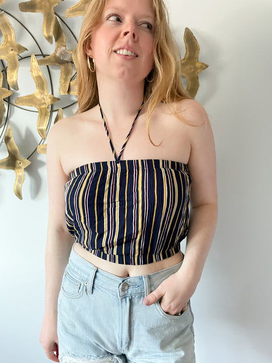 Ambiance Navy Yellow Stripe Tube Crop Top - Small
