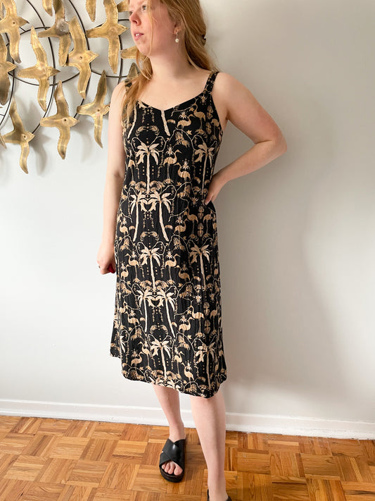 Cream Black Tropical Palm Print V-Neck Dress - Small