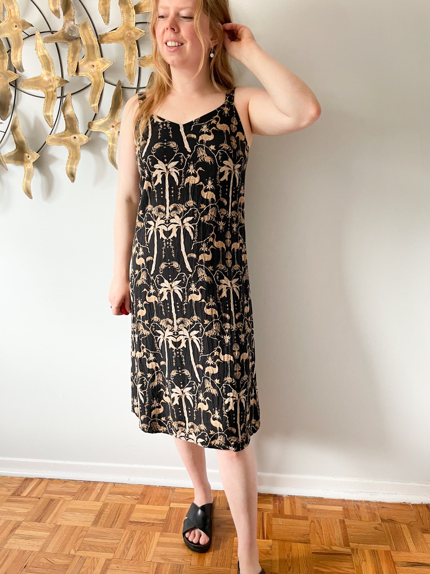Cream Black Tropical Palm Print V-Neck Dress - Small