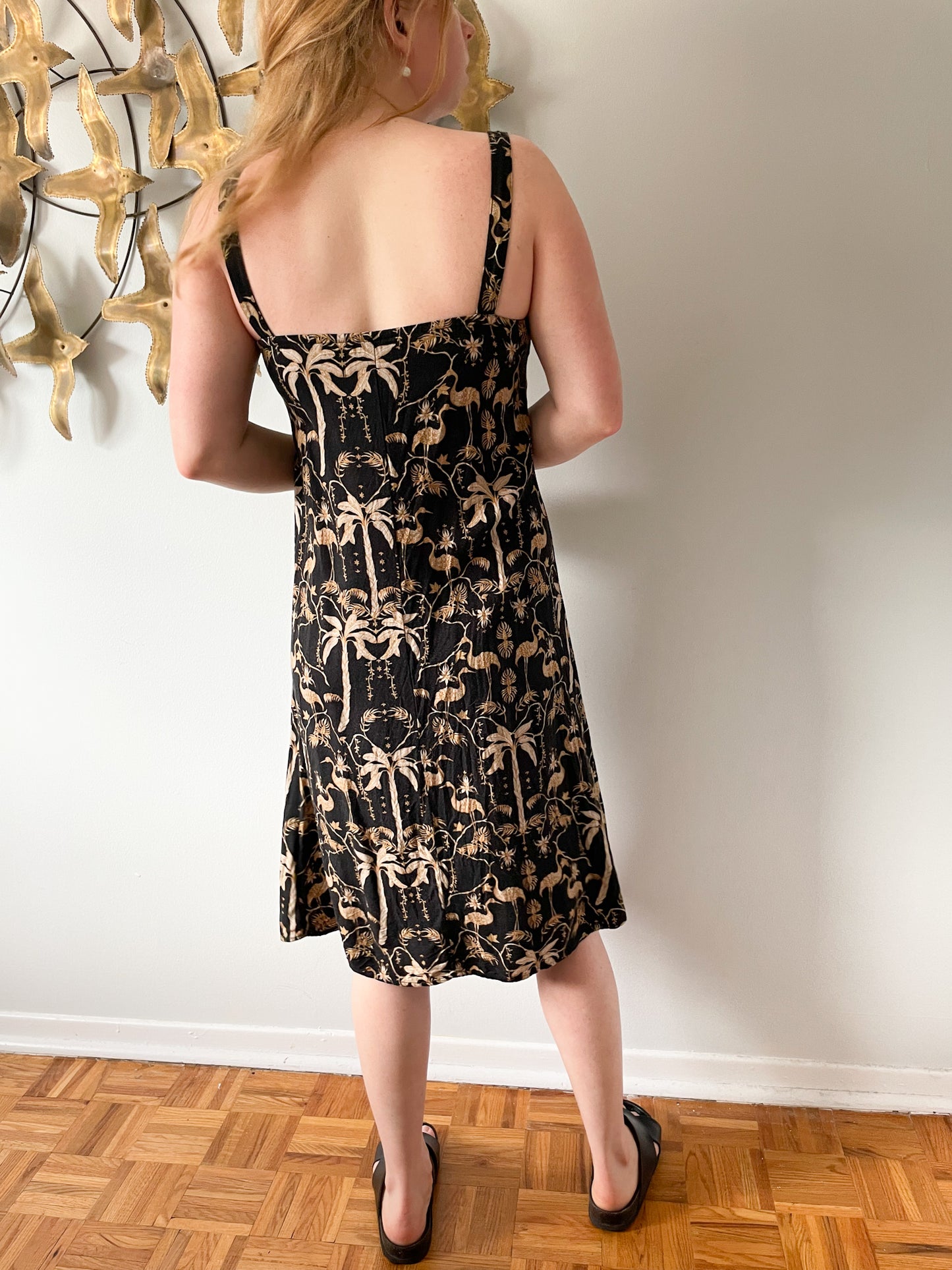 Cream Black Tropical Palm Print V-Neck Dress - Small