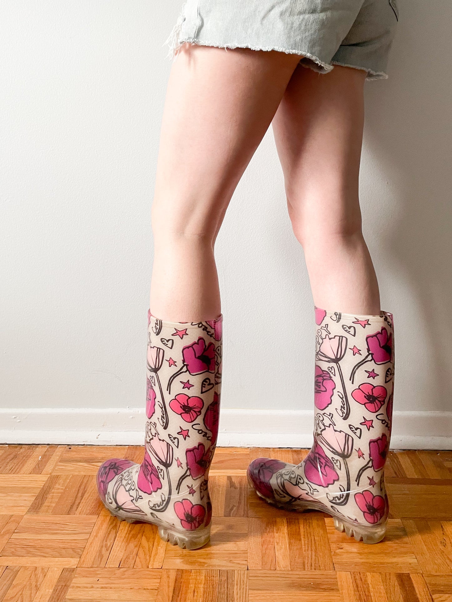 COACH Poppy Pink Floral Graphic Clear Rainboots - Size 7
