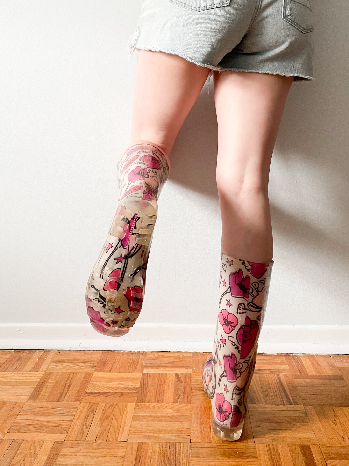 COACH Poppy Pink Floral Graphic Clear Rainboots - Size 7