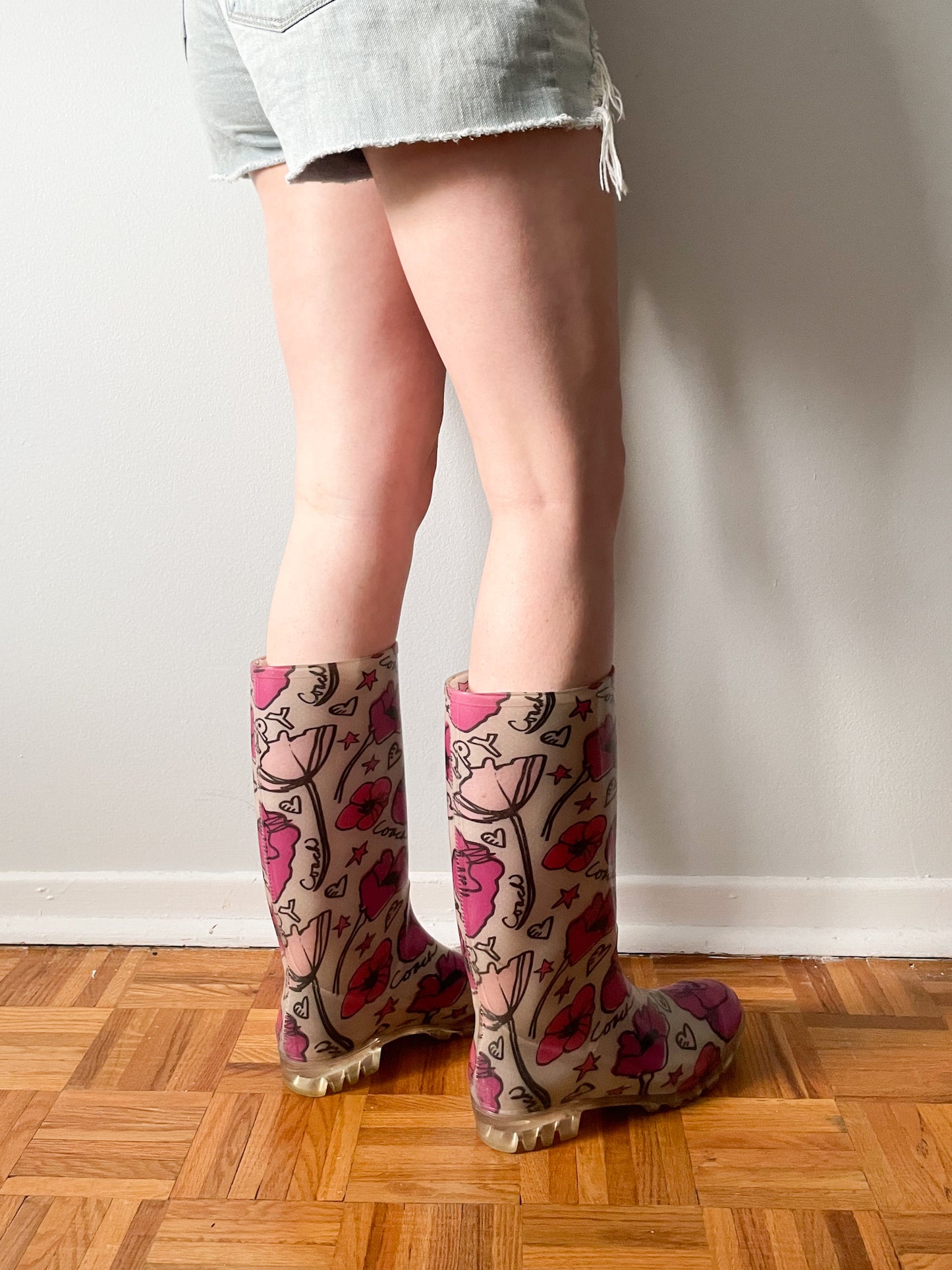 COACH Poppy Pink Floral Graphic Clear Rainboots - Size 7