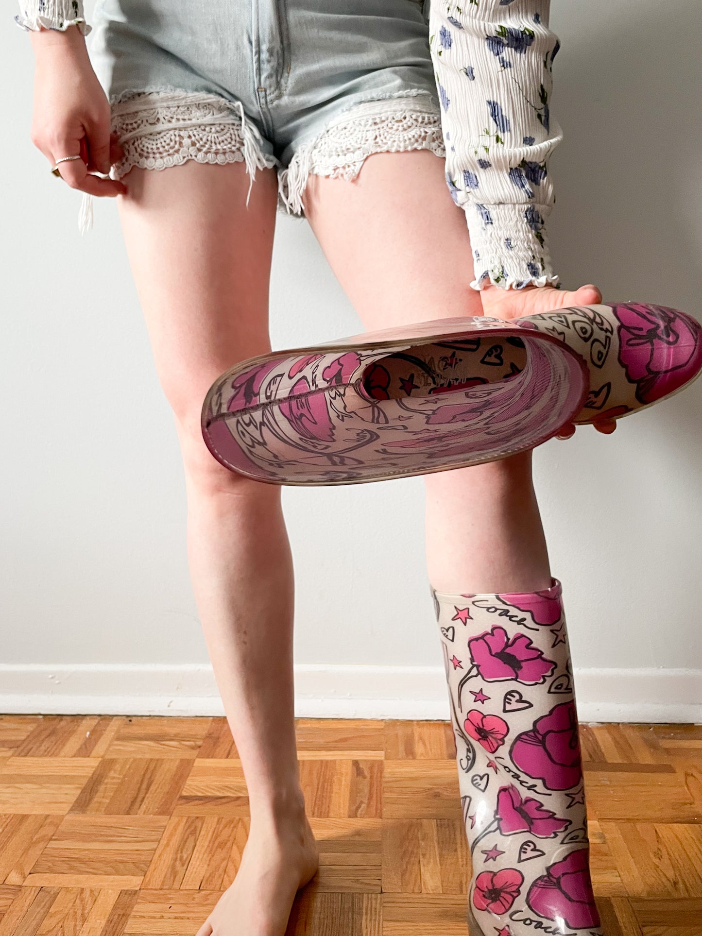 COACH Poppy Pink Floral Graphic Clear Rainboots - Size 7