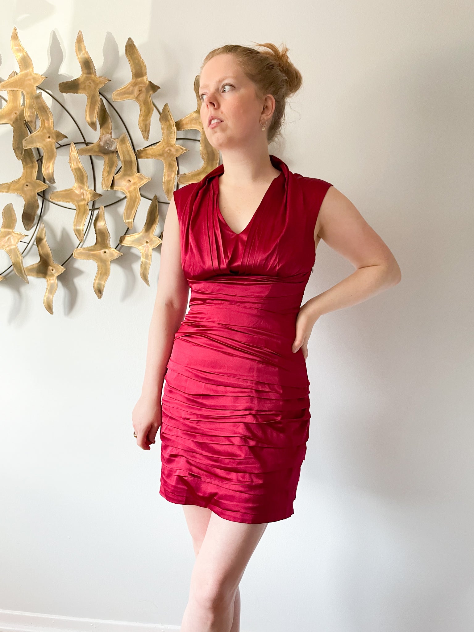 EXPRESS Red Satin Rouched V-Neck Cocktail Dress