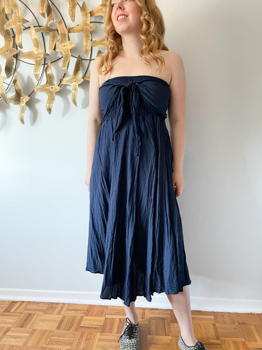 Navy Blue Strapless Tie Front Midi Dress - Small