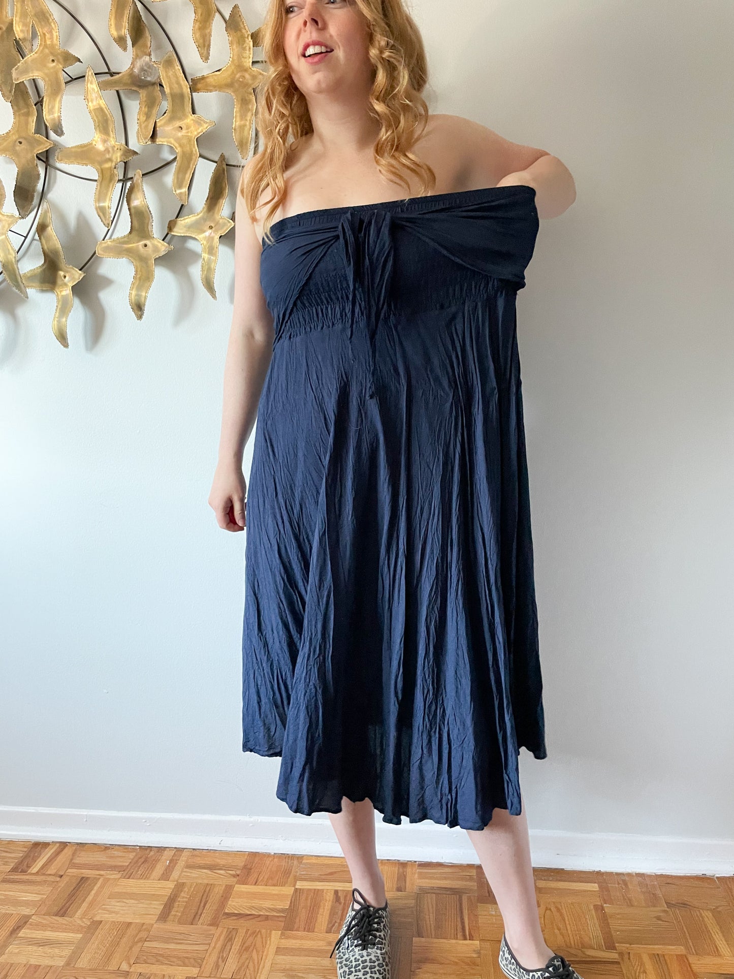 Navy Blue Strapless Tie Front Midi Dress - Small