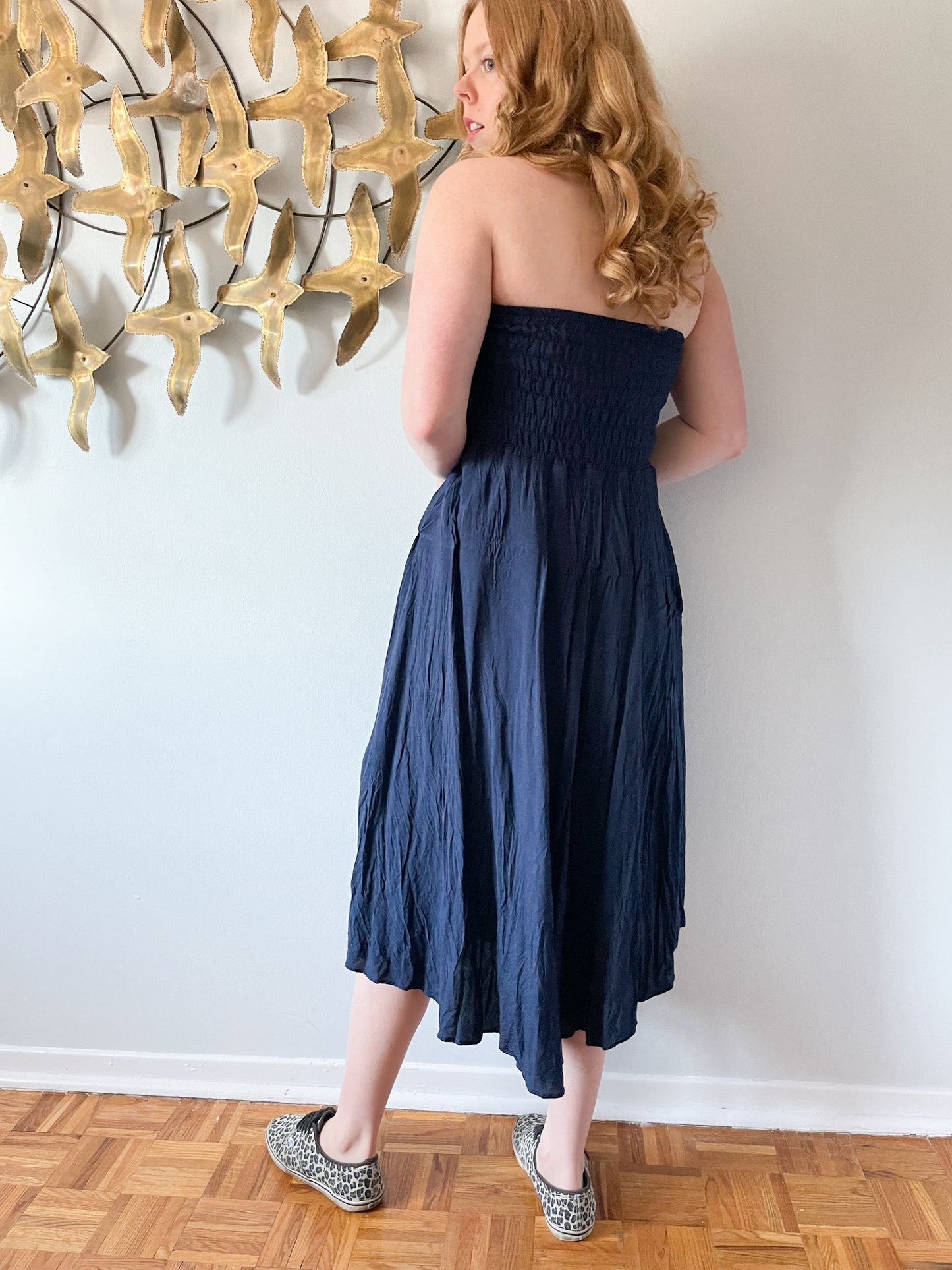 Navy Blue Strapless Tie Front Midi Dress - Small